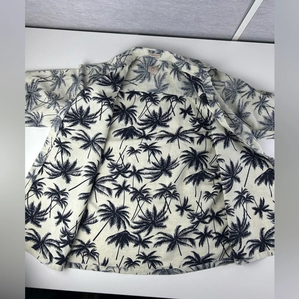 STO Men's Linen Cotton Hawaiian Shirt Palm‎ Tree Print Beige Black Size L